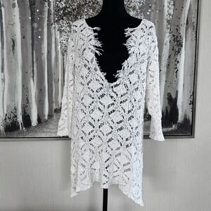 J.Jill Womens White Crochet Open Knit 3/4 Sleeve 100% Cotton Tunic - Large